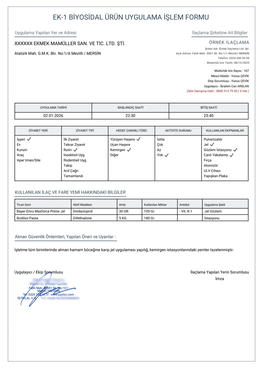 EK-1 biyosidal ürün uygulama işlem formunun mevcut örnek PDF görünümü